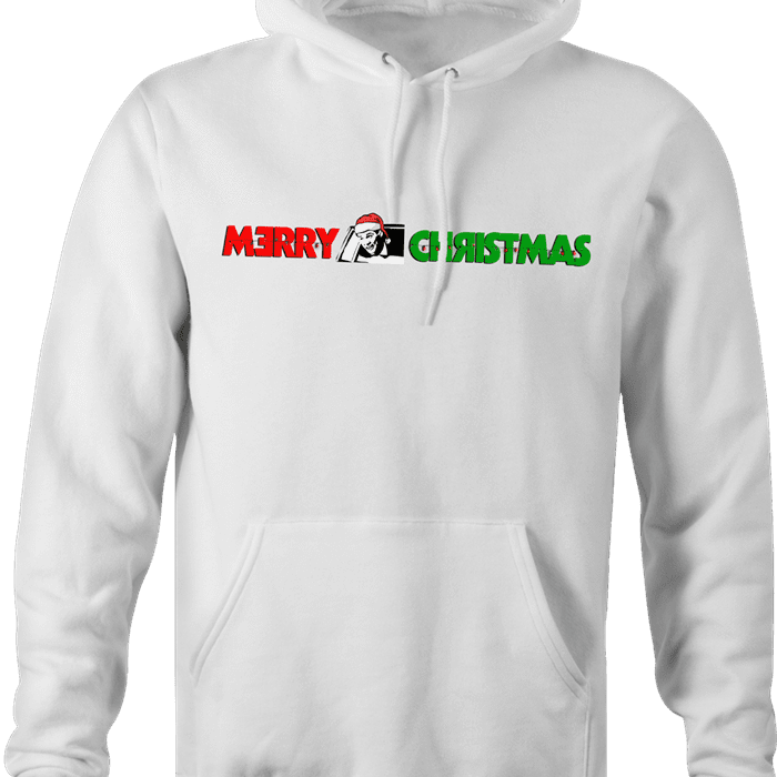funny and Hilarious Lloyd Christmas wearing Sanata hat Happy Holidays dumb and dumber Parody white hoodie