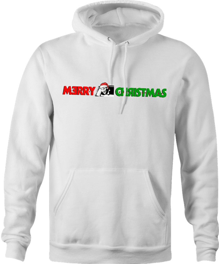 funny and Hilarious Lloyd Christmas wearing Sanata hat Happy Holidays dumb and dumber Parody white hoodie