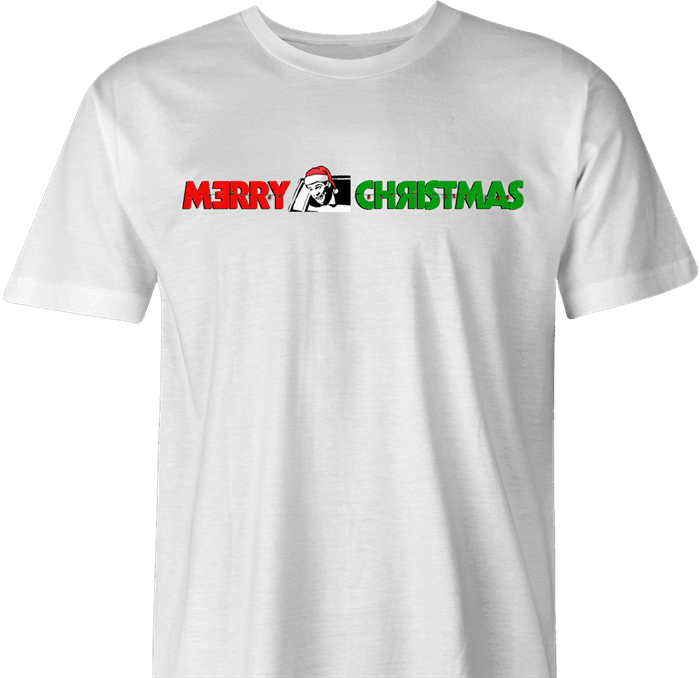 funny and Hilarious Lloyd Christmas wearing Sanata hat Happy Holidays dumb and dumber Parody men's t-shirt white 