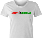 funny and Hilarious Lloyd Christmas wearing Sanata hat Happy Holidays dumb and dumber Parody women's t-shirt white 