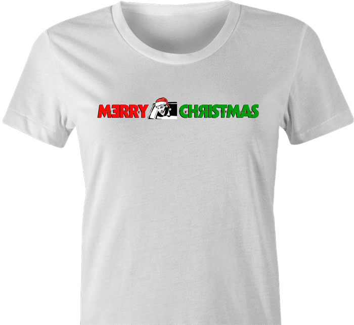 funny and Hilarious Lloyd Christmas wearing Sanata hat Happy Holidays dumb and dumber Parody women's t-shirt white 