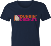funny deez nuts women's navy coffee shop t-shirt 