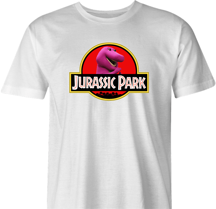 Funny Barney the dinosaur jurassic park mashup parody t-shirt men's white 