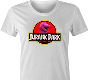 Funny Barney the dinosaur jurassic park mashup parody t-shirt women's white 
