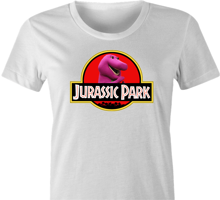 Funny Barney the dinosaur jurassic park mashup parody t-shirt women's white 