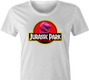 Funny Barney the dinosaur jurassic park mashup parody t-shirt women's white 