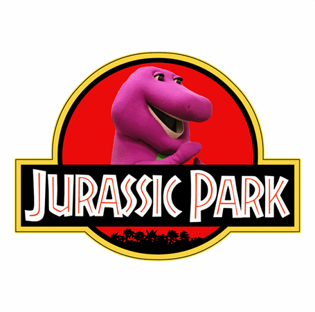 Funny Barney the dinosaur jurassic park mashup parody t-shirt white 