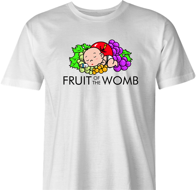 Funny pregnancy expecting mother t-shirt - Fruit of the Womb men's white 