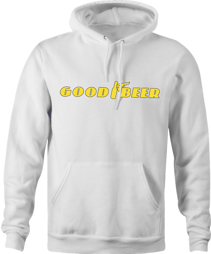 Funny Good Beer and Goodyear Tires parody hoodie white 