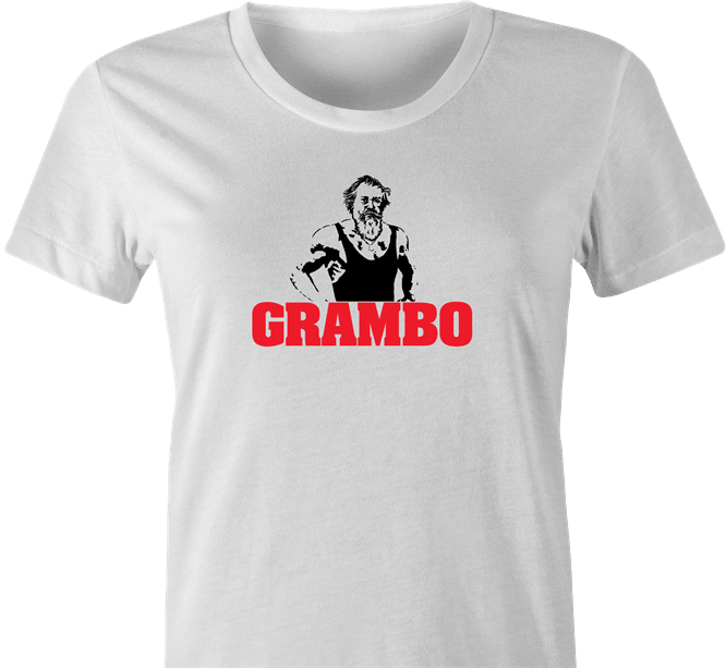 funny Rambo Grandfather Grambo Parody white women's t-shirt