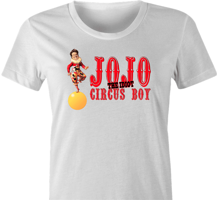funny Chris Farley JoJo the idiot circus boy SNL parody t-shirt white women's 