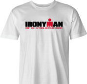 Funny Iron Man race irony t-shirt men's white 