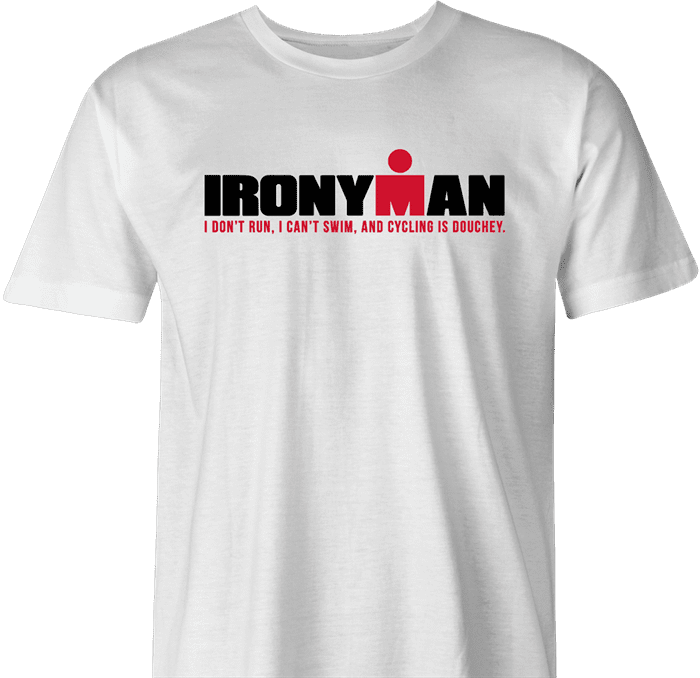 Funny Iron Man race irony t-shirt men's white 