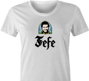 funny Pablo Escobar Jefe De Jefes Beer Parody white women's t-shirt
