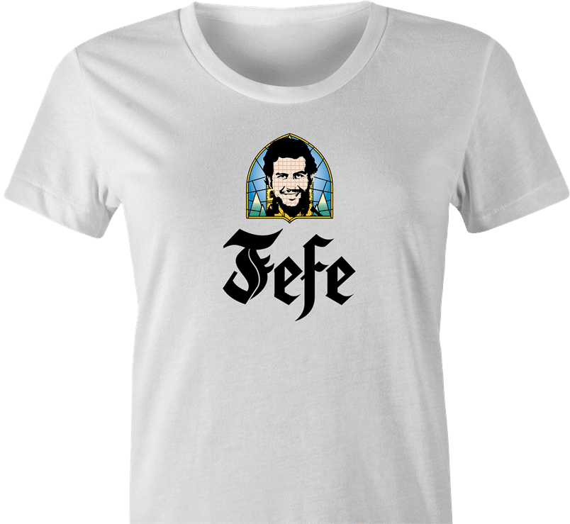 funny Pablo Escobar Jefe De Jefes Beer Parody white women's t-shirt