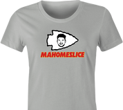 funny KC Chiefs Superbowl Champion Patrick Mahomes Parody | Mahomeslice t-shirt women's Ash Grey