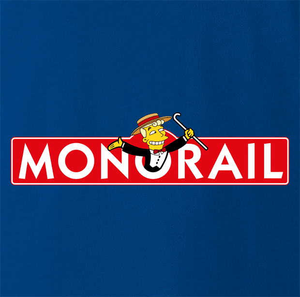 funny The Simpsons Lyle Lanley Monorail Monopoly mash-up royal Blue t-shirt