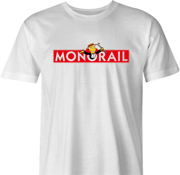 funny The Simpsons Lyle Lanley Monorail Monopoly mash-up white men's t-shirt