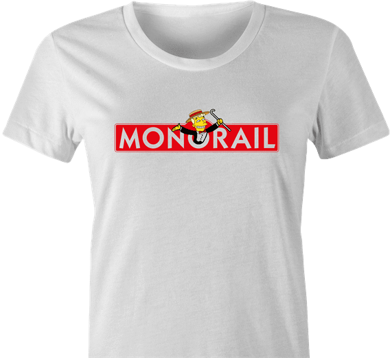 funny The Simpsons Lyle Lanley Monorail Monopoly mash-up white women's t-shirt