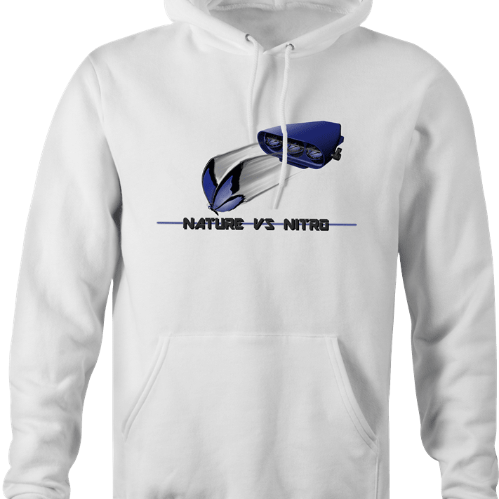funny Nature Vs Nitro T-Shirt By Jared Zimmerman white hoodie