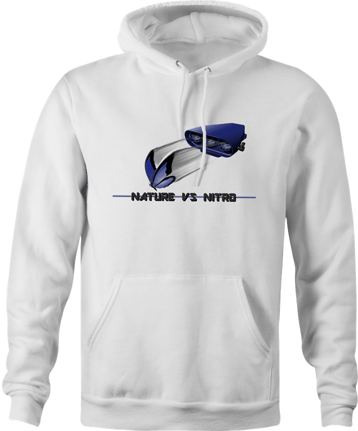 funny Nature Vs Nitro T-Shirt By Jared Zimmerman white hoodie