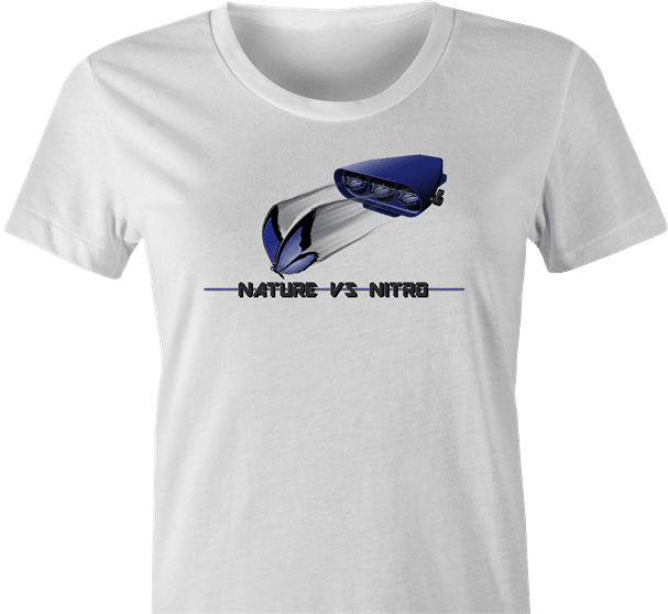 funny Nature Vs Nitro T-Shirt By Jared Zimmerman white women's t-shirt