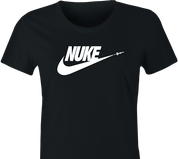 funny nike nuclear war nuke parody t-shirt women's black