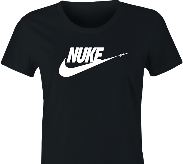 funny nike nuclear war nuke parody t-shirt women's black