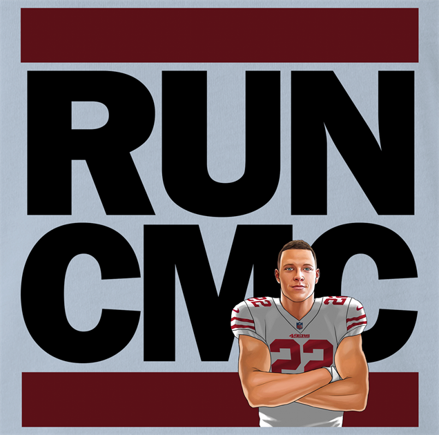 Funny Christian McCaffrey San Francisco 49ers - Run CMC | Run DMC Mashup Parody light blue men's t-shirt