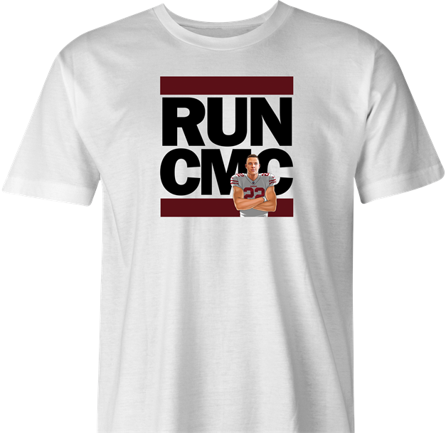 Funny Christian McCaffrey San Francisco 49ers - Run CMC | Run DMC Mashup Parody white men's t-shirt
