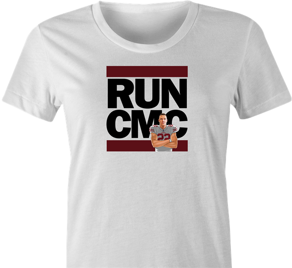 Funny Christian McCaffrey San Francisco 49ers - Run CMC | Run DMC Mashup Parody white women's t-shirt