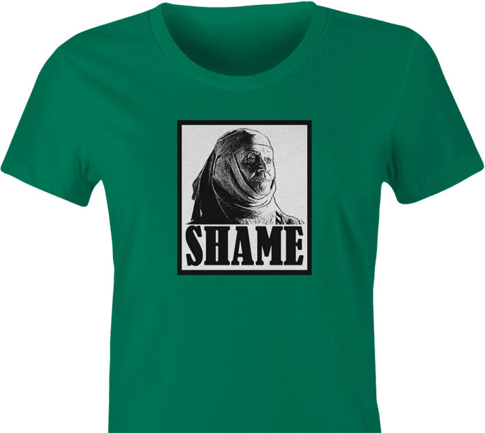 funny game of thrones shame parody t-shirt women's green