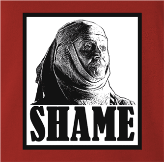 funny game of thrones shame parody red t-shirt