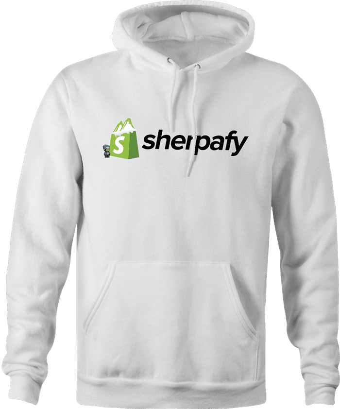 Shopify e-commerce sherpa parody hoodie white  