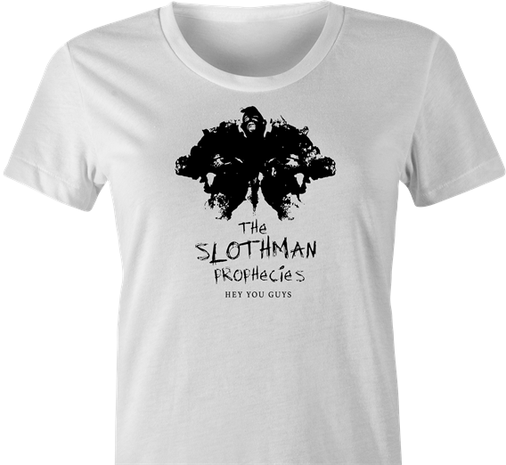 funny sloth from goonies mothman prophecies mashup t-shirt women's white 