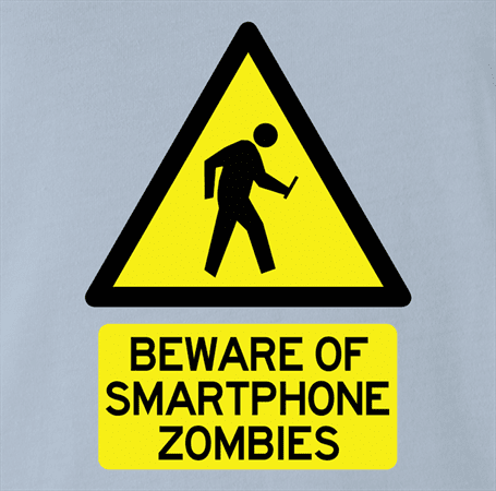 Zombie Walking With Cellphone funny t-shirt light blue