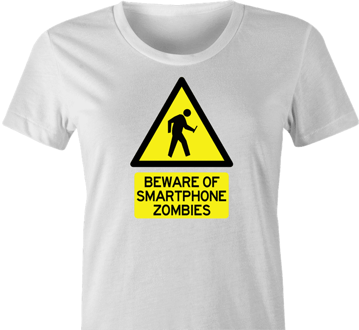 Zombie Walking With Cellphone funny t-shirt women's white  
