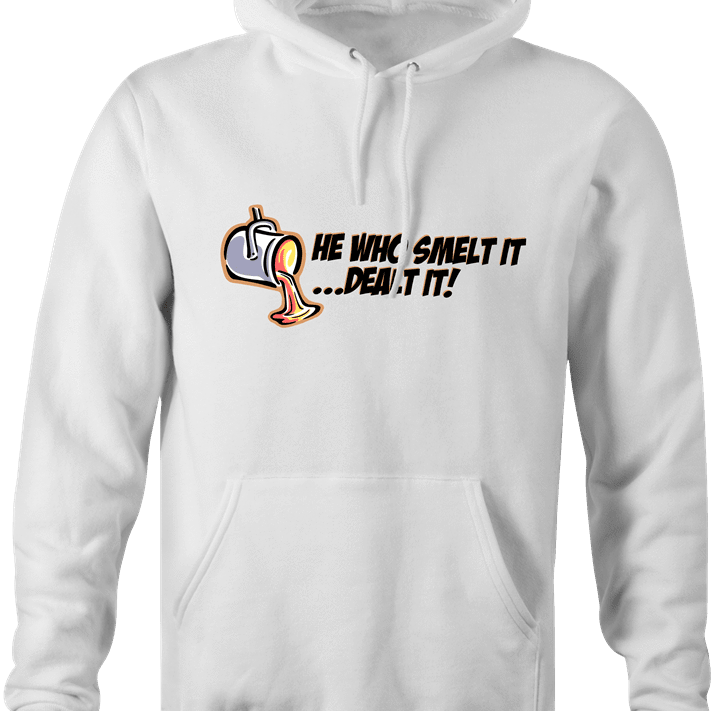 funny FindingFast Hot Rods By Troy He Who Smelt It Delt It Parody white hoodie