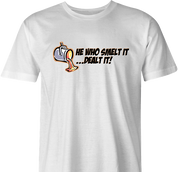 funny FindingFast Hot Rods By Troy He Who Smelt It Delt It Parody white men's t-shirt