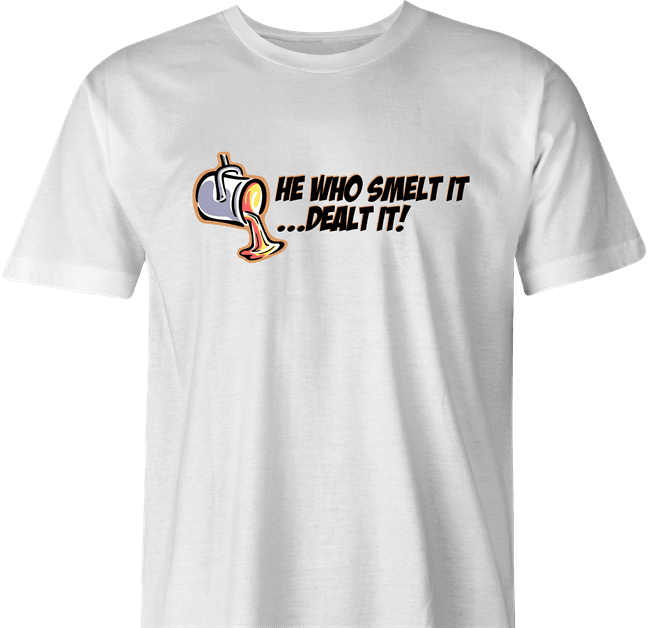 funny FindingFast Hot Rods By Troy He Who Smelt It Delt It Parody white men's t-shirt