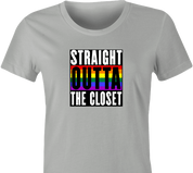 funny Straight Out Of The Closet Gay Parody t-shirt women's Ash Grey