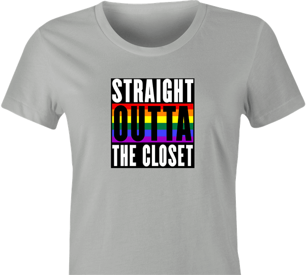 funny Straight Out Of The Closet Gay Parody t-shirt women's Ash Grey