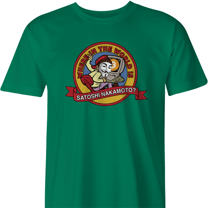 where in the world is carmen sandiego satoshi nakamoto bitcoin men's green t-shirt 