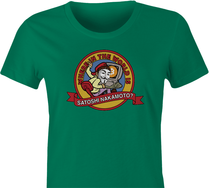 where in the world is carmen sandiego satoshi nakamoto bitcoin women's green t-shirt 