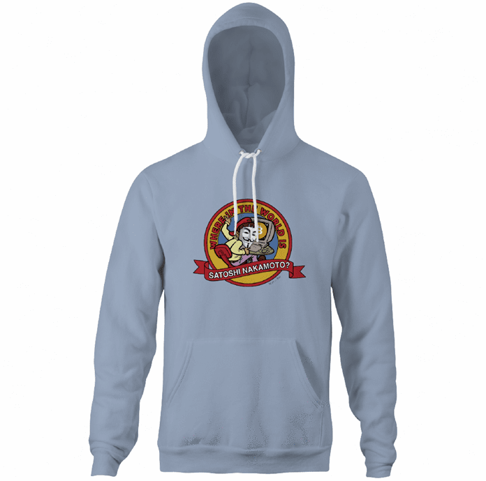where in the world is carmen sandiego satoshi nakamoto bitcoin light blue hoodie
