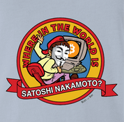 where in the world is carmen sandiego satoshi nakamoto bitcoin light blue t-shirt