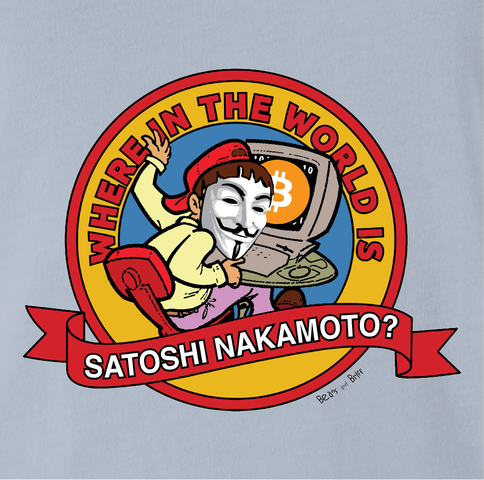 where in the world is carmen sandiego satoshi nakamoto bitcoin light blue t-shirt
