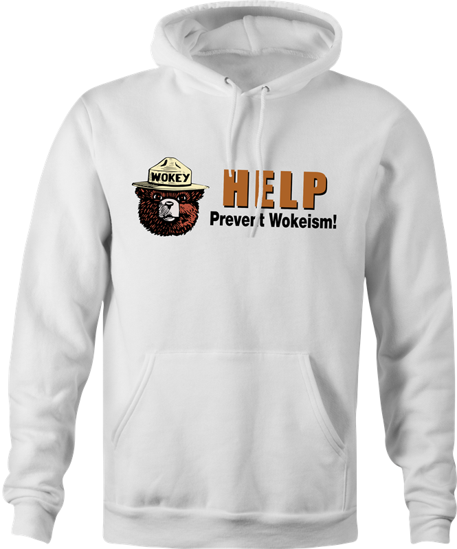 funny anti woke wokey the bear men's white hoodie